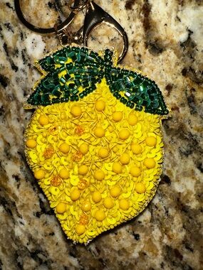 Beaded Lemon Bagcharm with Green Leaf Accent